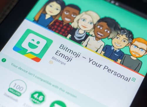Ryazan, Russia - May 16, 2018: Bitmoji mobile app on the display of tablet PC.