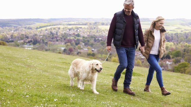 old couple walking dog, long marriage tips