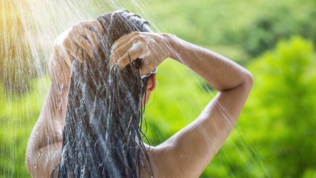 woman showering