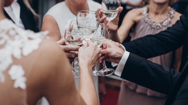 friends clinking glasses using cool words at a sophisticated cocktail party