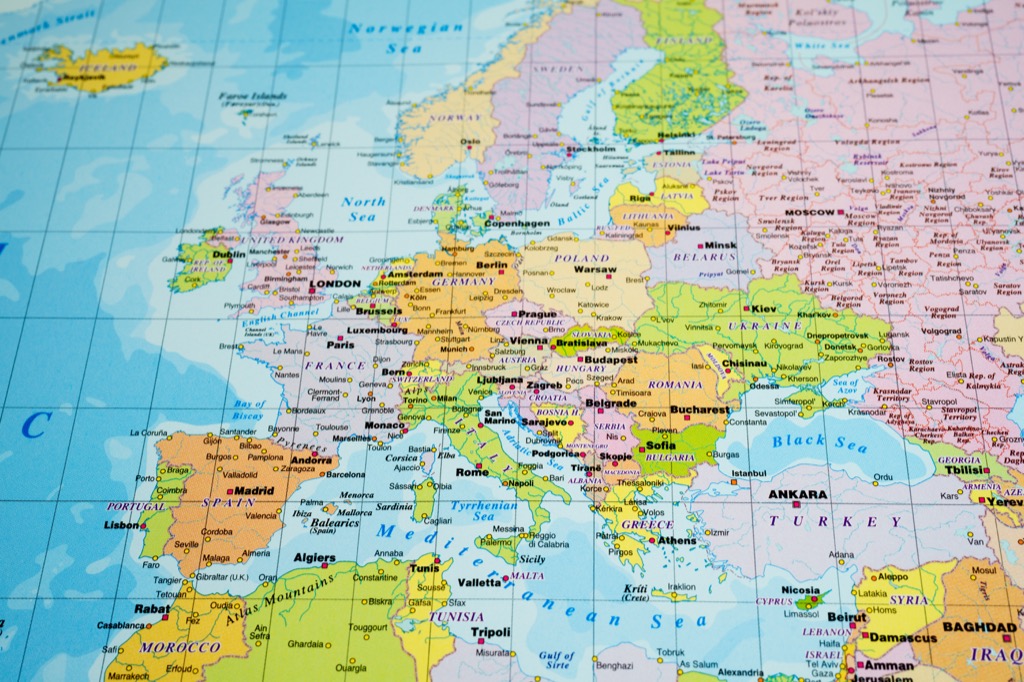 close up map of europe