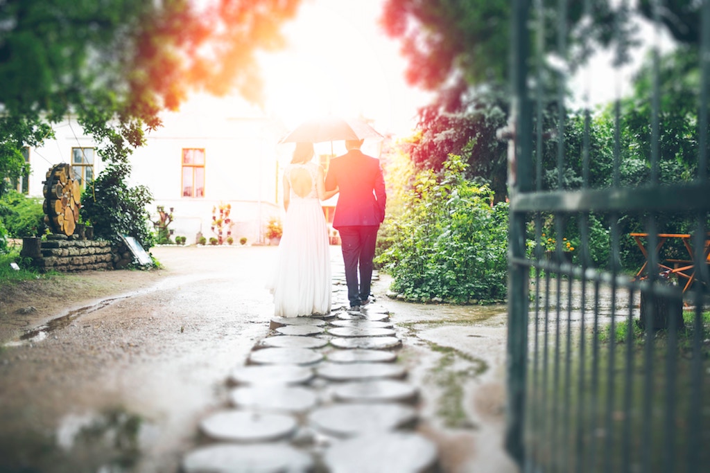 bride and groom wedding under an umbrella