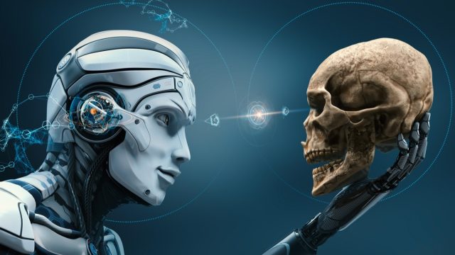 Killer robot holding a human skull