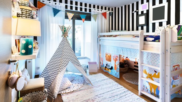 kids bedroom wooden bunk bed teepee