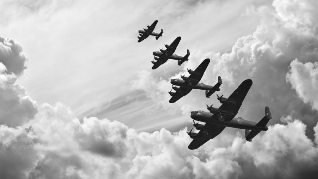 Black and white retro image of Lancaster bombers from Battle of Britain in World War Two
