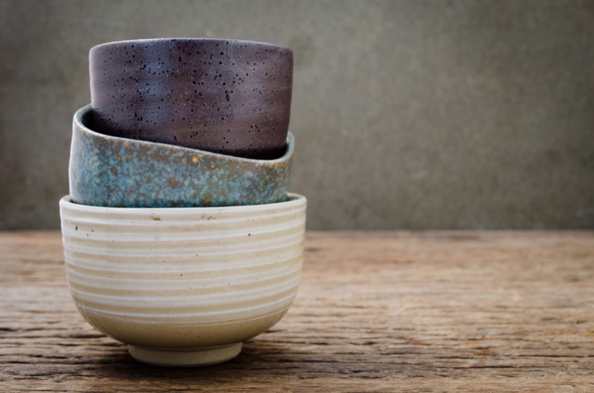 Empty bowl on rustic wood, Japanese handmade ceramic bowl, ceramic texture - Image