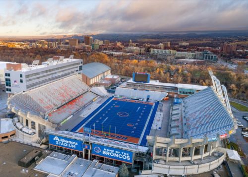 football field with trademarked blue turf