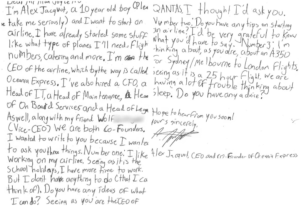 Alex Jacquot, the self-proclaimed co-founder and CEO of “Oceania Express,” penned a letter to Qantas CEO Alan Joyce, asking tips on how to get his “company” off the ground.