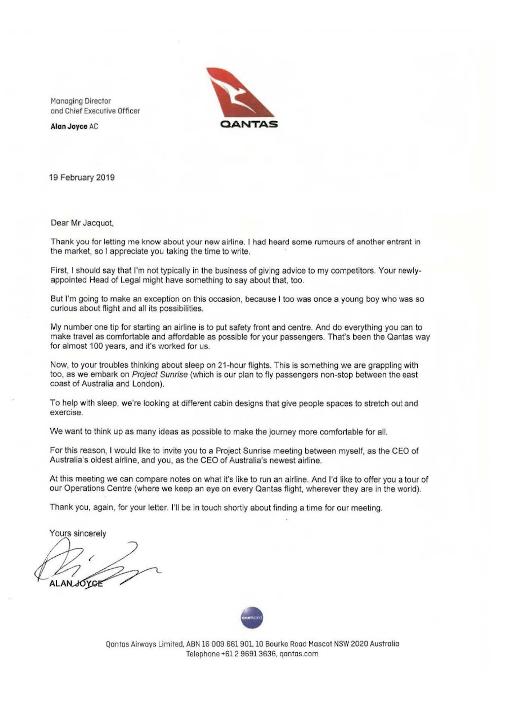 Alex Jacquot, the self-proclaimed co-founder and CEO of “Oceania Express,” penned a letter to Qantas CEO Alan Joyce, asking tips on how to get his “company” off the ground
