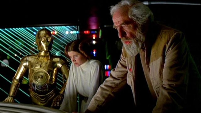c-3po and Carrie Fisher as Princess Leia in A New Hope