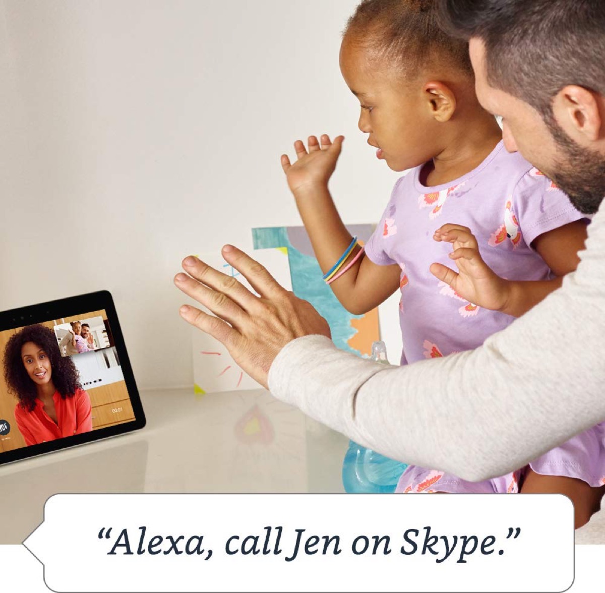 young girl and father waving at woman on screen, best gifts for grandparents