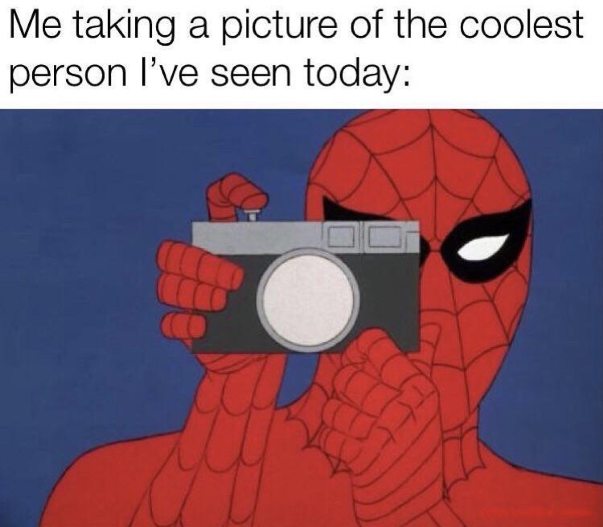 Cartoon Spider-Man taking a photo with the caption, "Me taking a picture of the coolest person I've seen today."