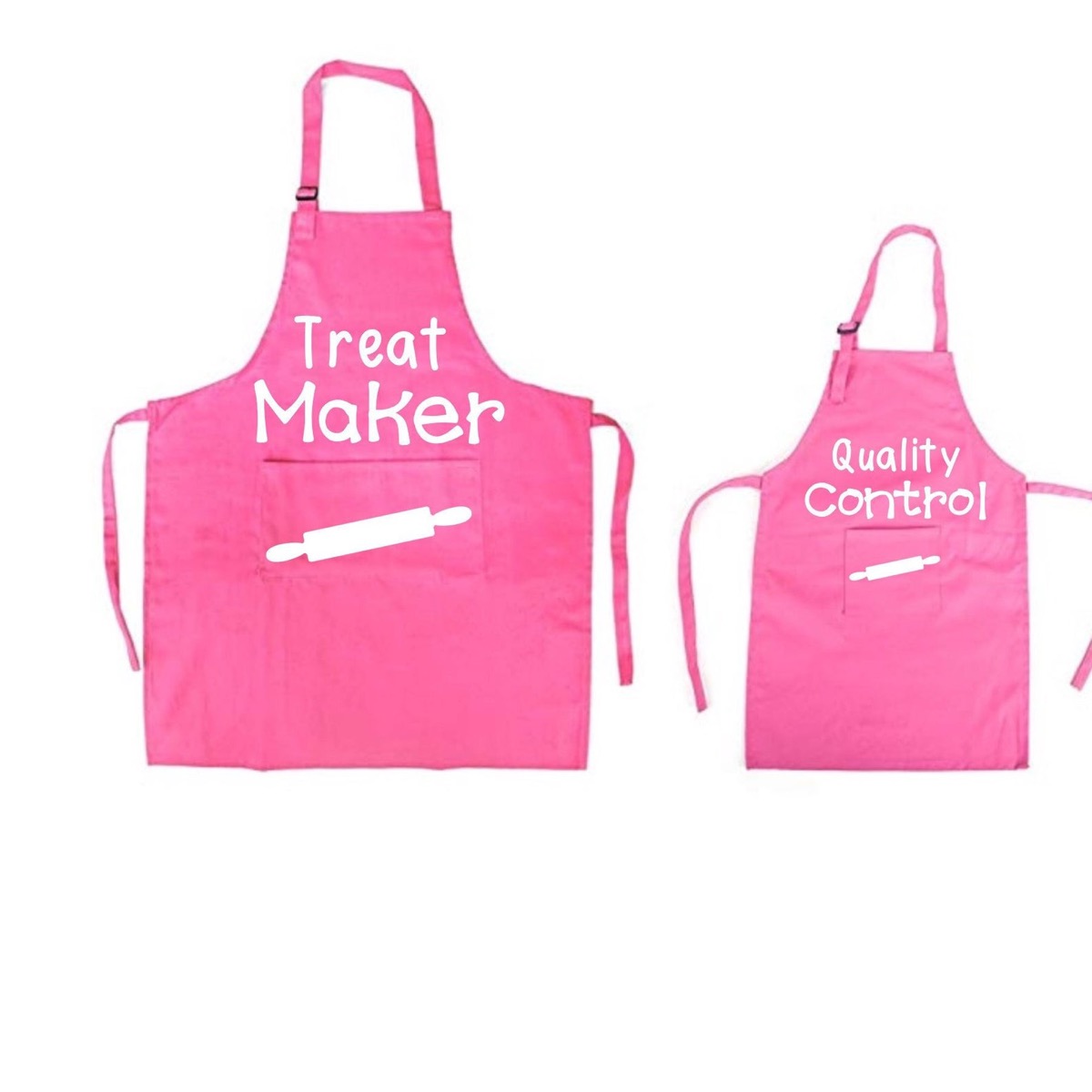 pink aprons with "treat maker" and "quality control" written on them, mother daughter gifts