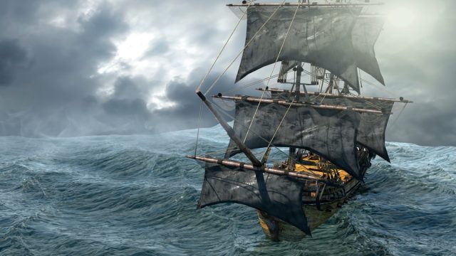 large ship on the ocean, pirate ship