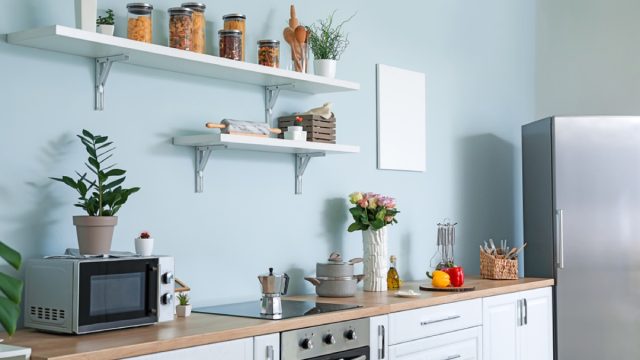 stylish kitchen with butcher block counters and stainless steel appliances, kitchen accessories