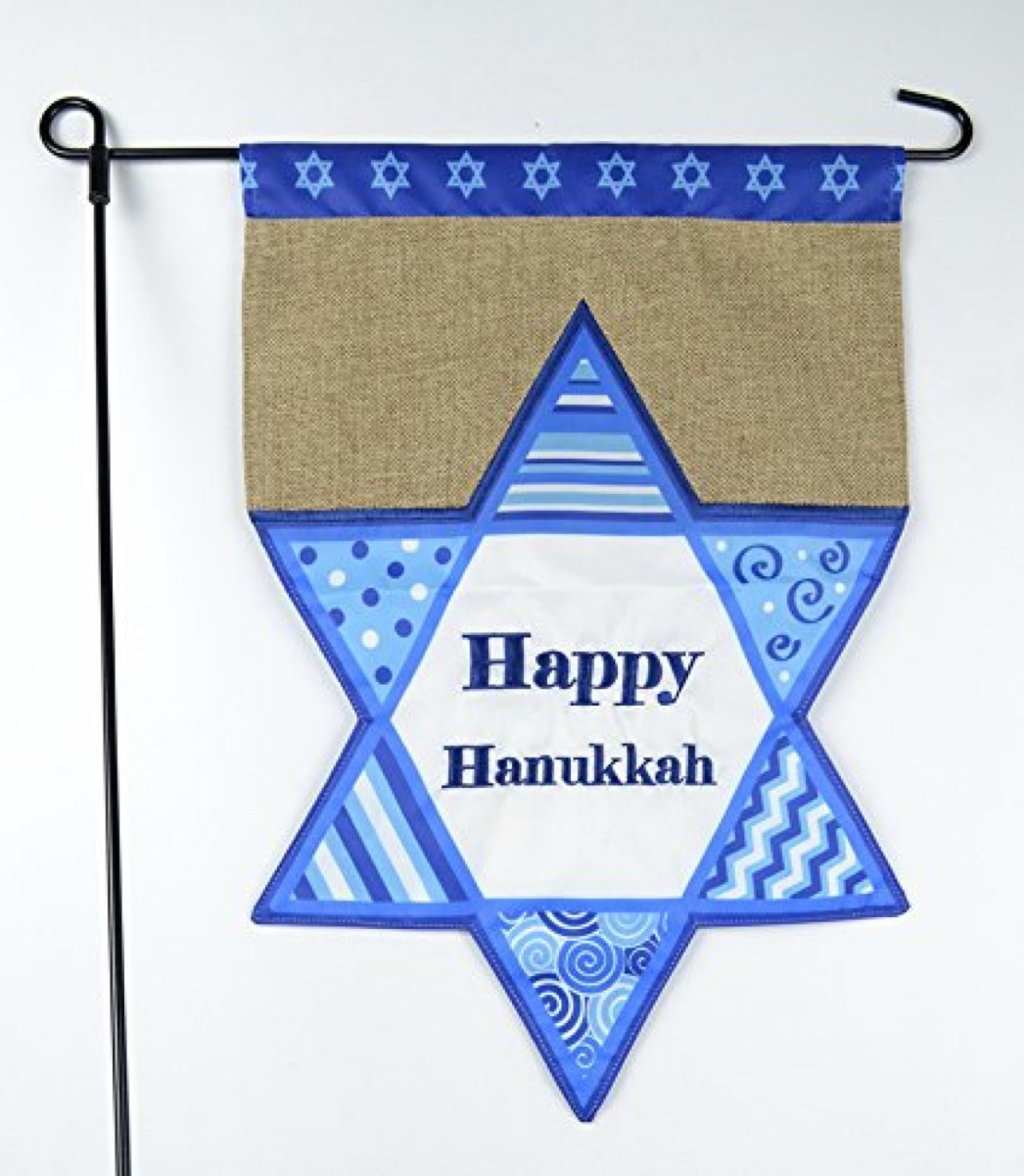 star of david garden flag on black spike, hanukkah decorations