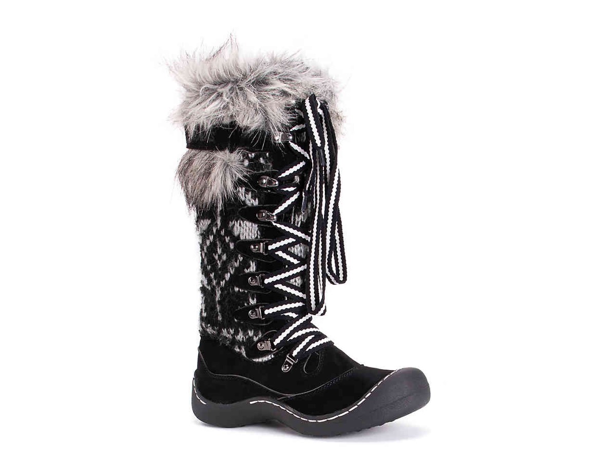 black and white lace up boots with faux fur trim