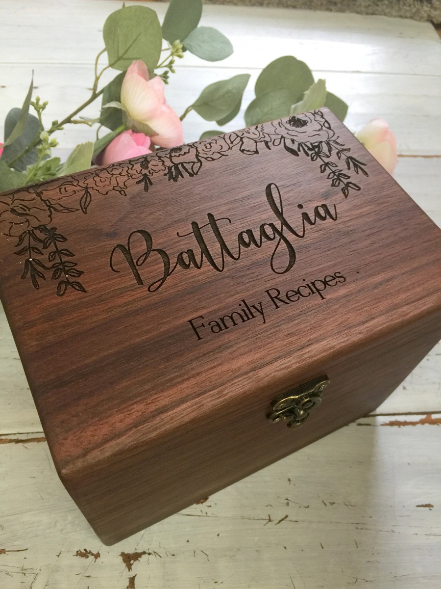 wooden recipe box with "Battaglia family recipes" engraved into it, hanukkah gifts