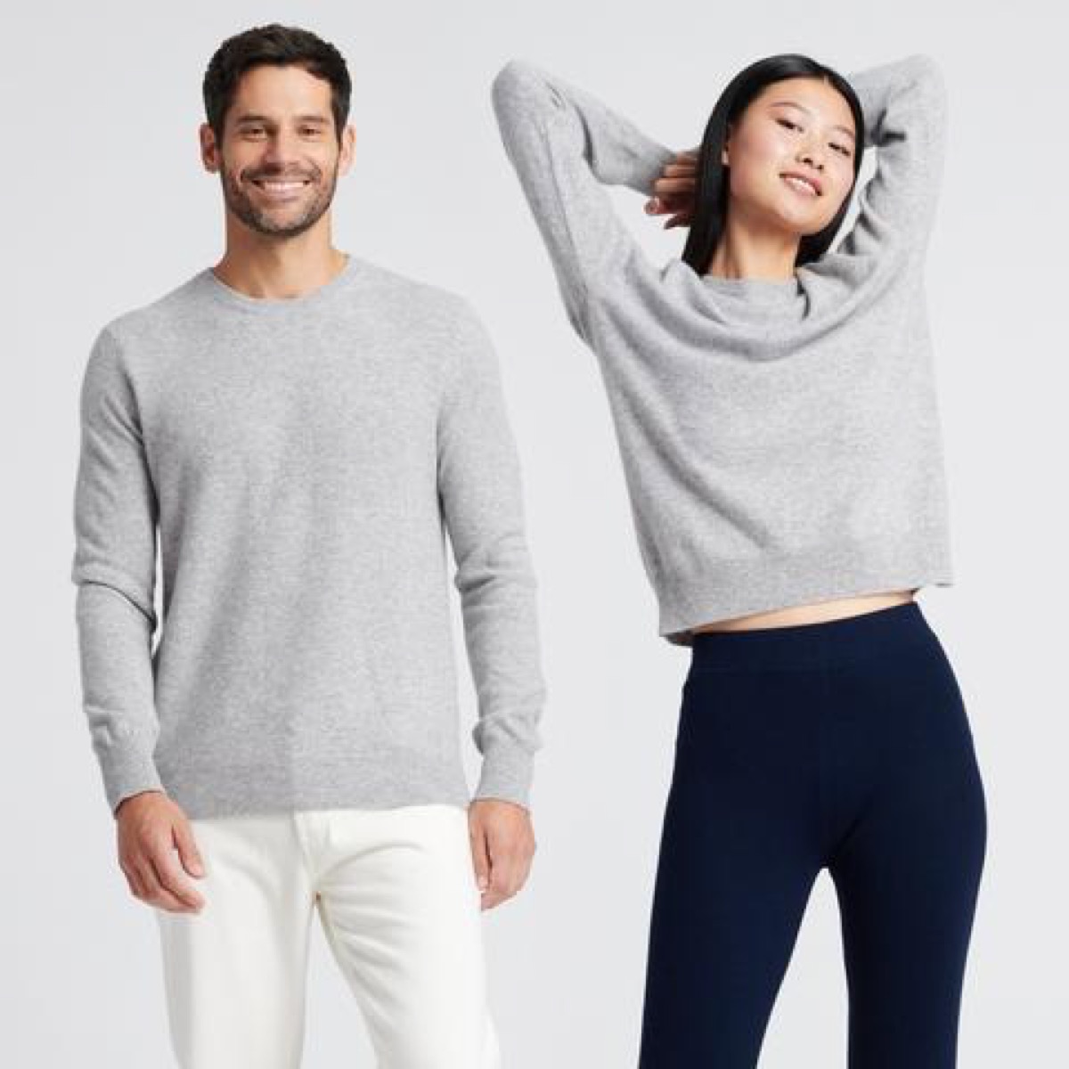 man and woman wearing gray cashmere sweaters