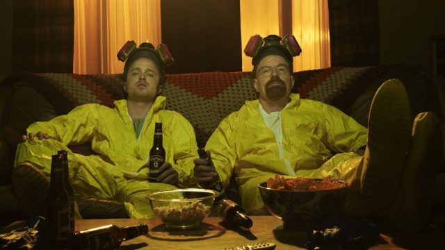 jesse and walt wearing their yellow lab outfits on Breaking Bad
