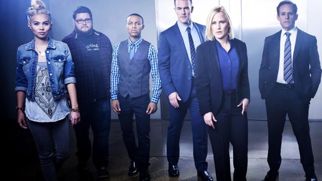 Hayley Kiyoko, Charley Koontz, Shad Moss, James Van Der Beek, Patricia Arquette and Peter MacNicol on the set of the CBS drama CSI: CYBER