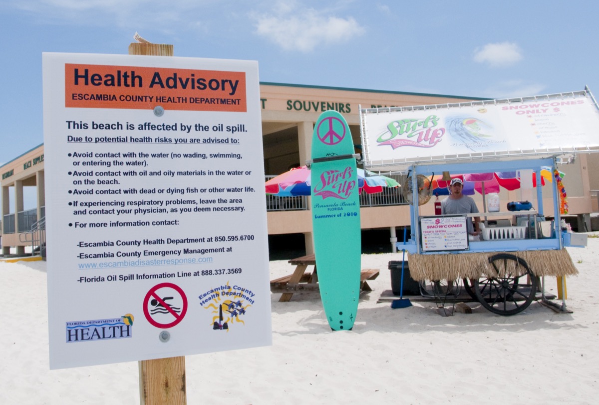 bp oil spill sign on the beach