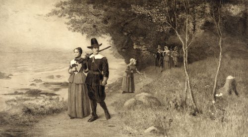 Sketch of pilgrims walking in nature