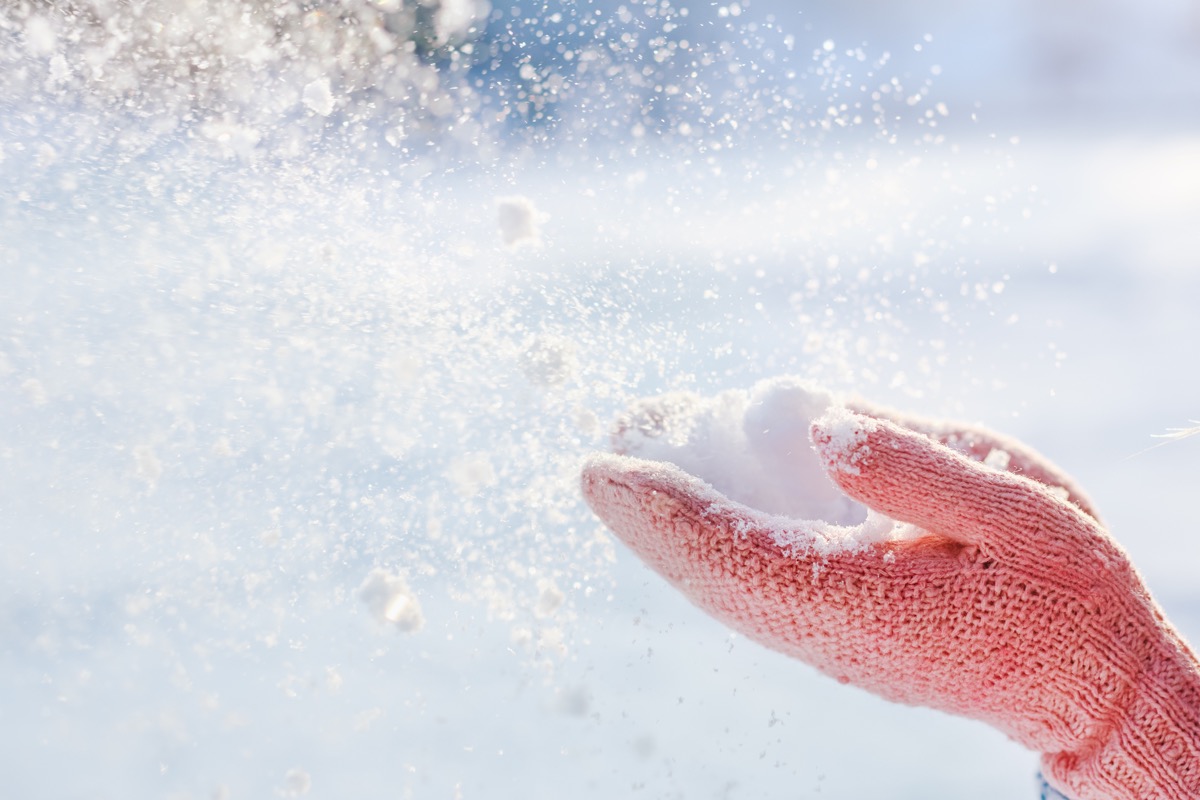 Gloved hands holding snow