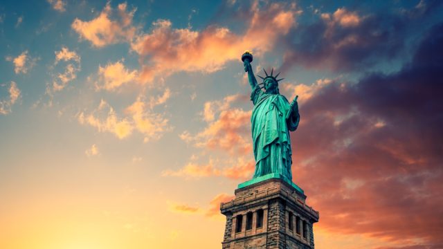 statue of liberty at sunset