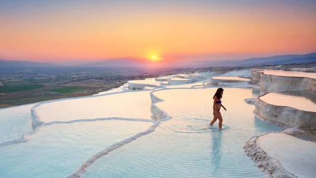 Pamukkale – limestone terraces at sunset, Pamukkale, Turkey