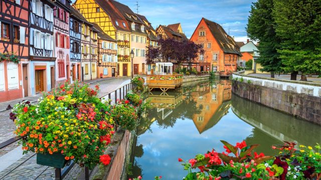 Spectacular colorful traditional french houses on the side of river Lauch in Petite Venise,Colmar,France,Europe
