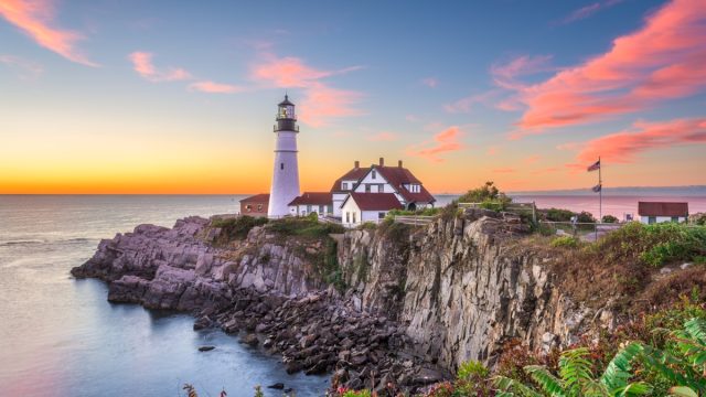 beautiful lighthouse during sunset in portland Maine