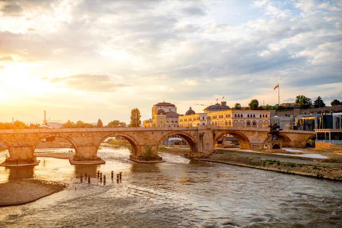 view on Stone bridge from Oko bridge in Skopje on sunset