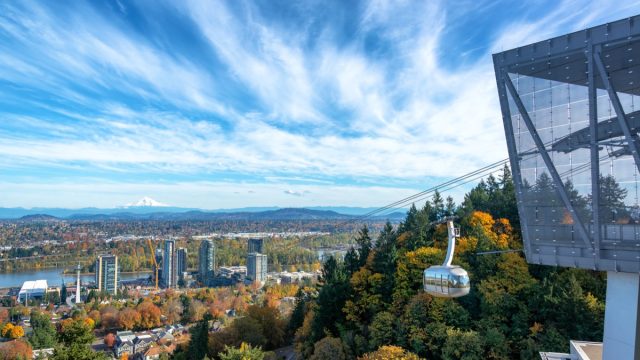 Portland Aerial Tram with a view of Portland, Oregon with Mt. Hood in the background