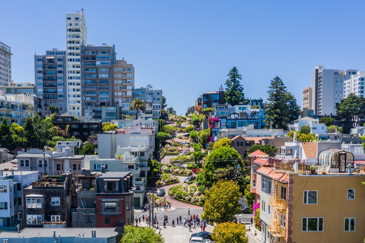 An aerial view of the famous "crooked" street in San Francisco, Lombard Street. A bright sunny day with a clear view.