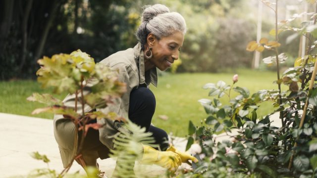 woman crouching and planting her plants in a yard