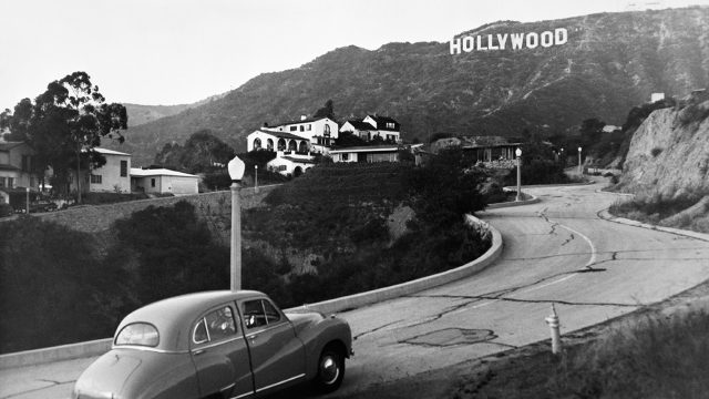 black and white photo of the hollywood sign in the 1950s