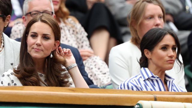 Kate (Catherine Middleton) Duchess of Cambridge and Meghan Markle, Duchess of Sussex at Wimbledon in 2018