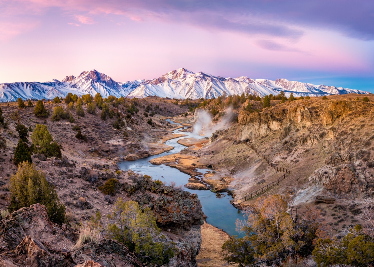 sunrise at hot creek geological site in california