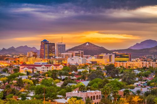 Tucson, Arizona, USA downtown skyline with Sentinel Peak at dusk. (Mountaintop "A" for "Arizona")