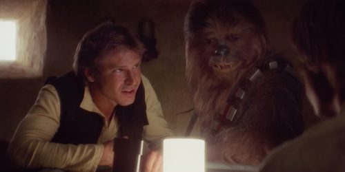 Harrison Ford as Han Solo and Chewbacca