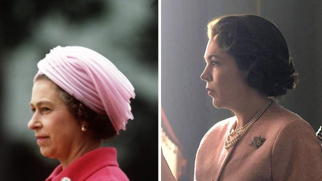 Queen Elizabeth II. of Great Britain and German president Walter Scheel during the official welcoming in front of Villa Hammerschmidt in Bonn on the 22nd of May in 1978. And Olivia Colman as The Queen in The Crown.