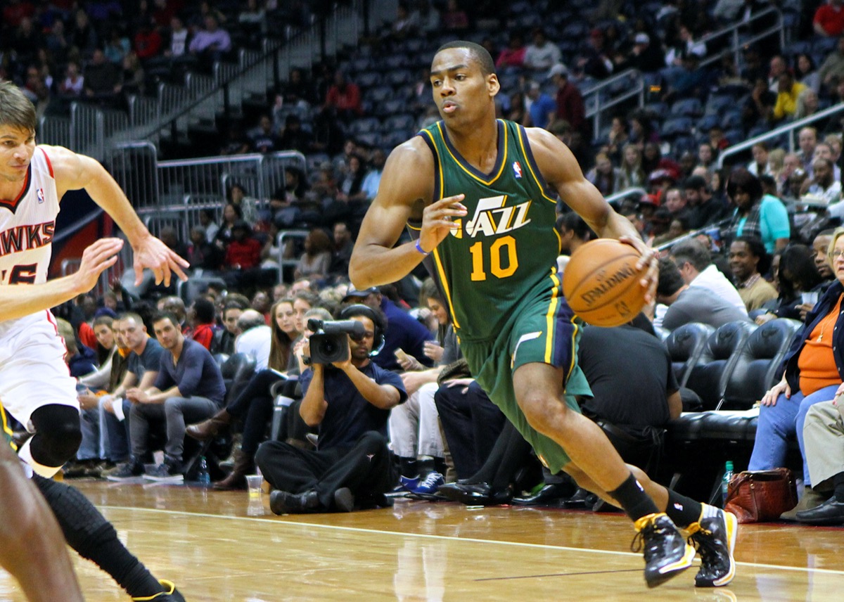 Alec Burks (10) of the Utah Jazz during the Hawks versus Jazz game at Philips Arena, Atlanta, Georgia.