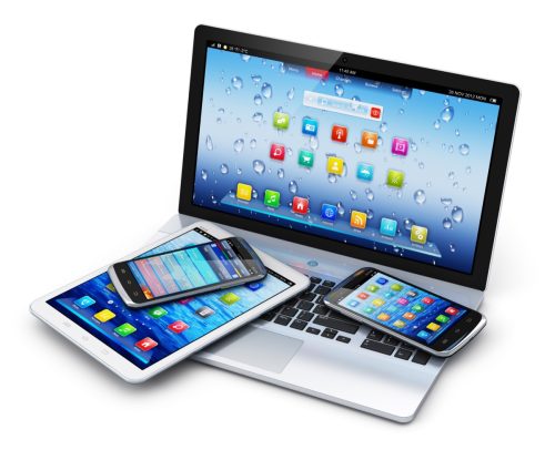 Apple electronics on white background