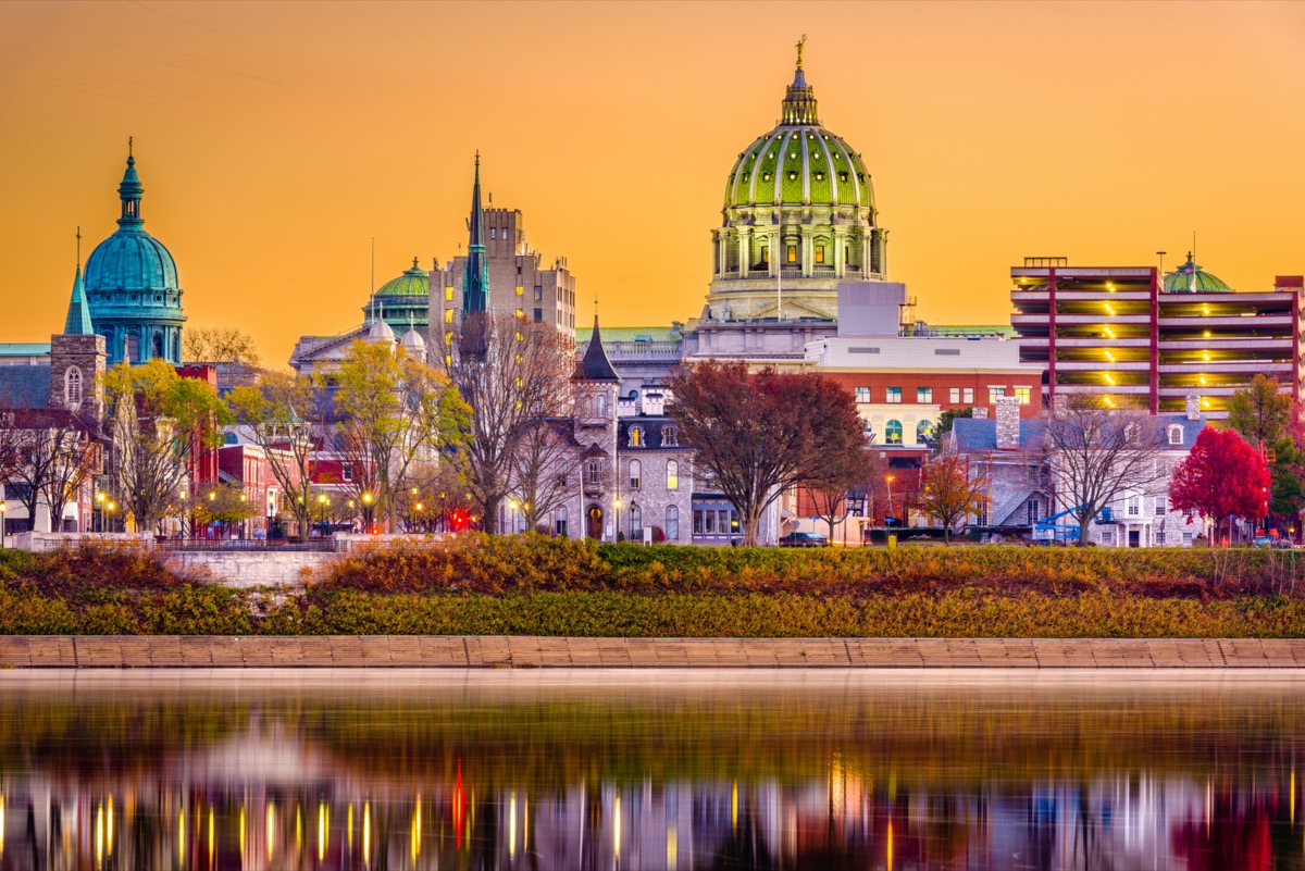 city skyline on the Susquehanna River in Harrisburg, Pennsylvania at dusk