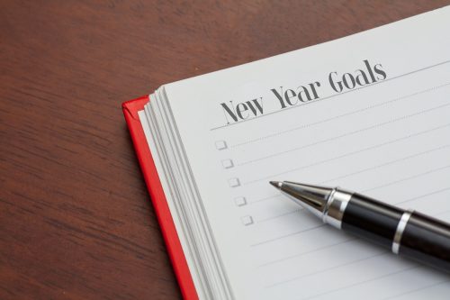 red journal open to whit lined page with "new years goals" written in top left corner and pen sitting atop paper