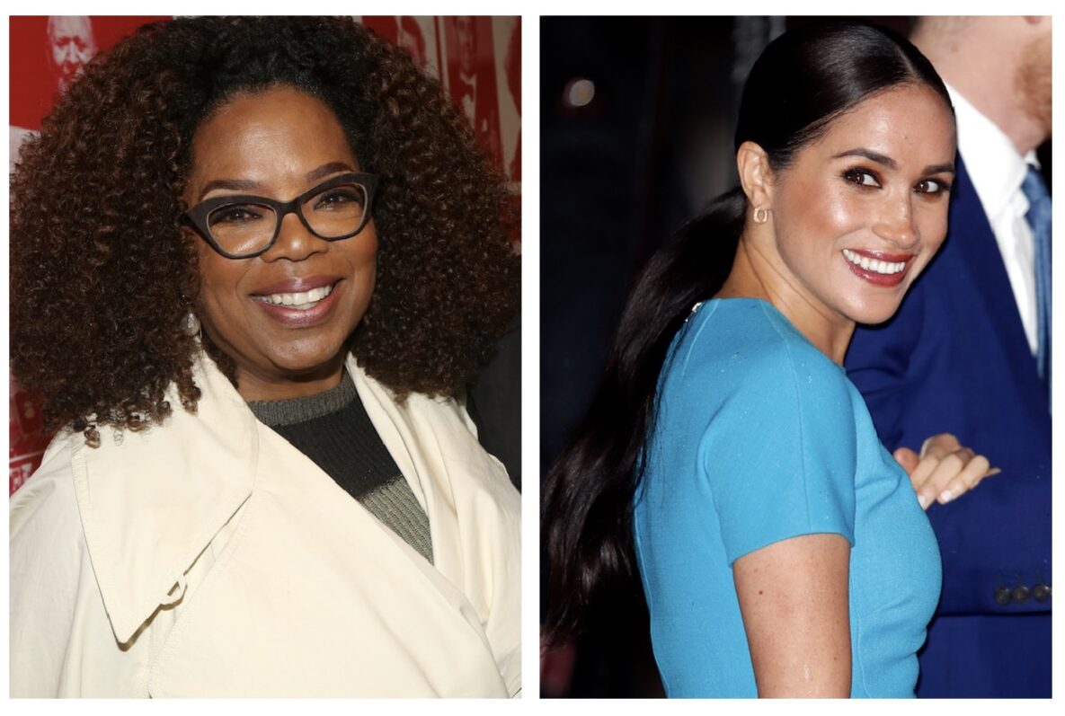 Oprah Winfrey poses backstage at the hit musical based on the film "Tootsie" on Broadway at The Marquis Theater on May 14, 2019 in New York City; Meghan, Duchess of Sussex attends The Endeavour Fund Awards at Mansion House on March 5, 2020 in London, England.