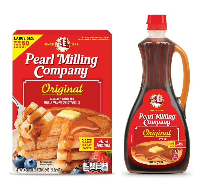 A box of Pearl Milling Company pancake mix and a bottle of their maple syrup, which recently rebranded from Aunt Jemima