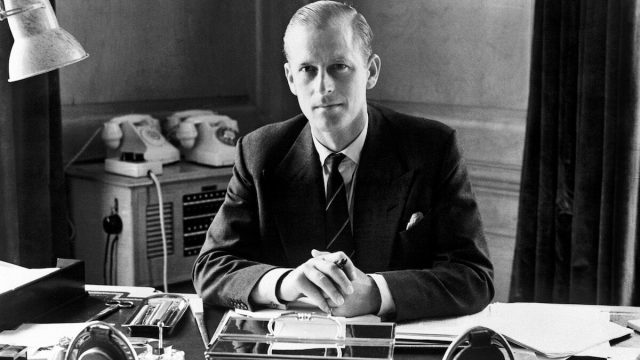 The Duke of Edinburgh at his desk in Buckingham Palace, London