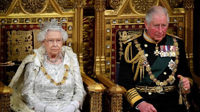 Queen Elizabeth II and Prince Charles, Prince of Wales during the State Opening of Parliament at the Palace of Westminster on October 14, 2019 in London, England.